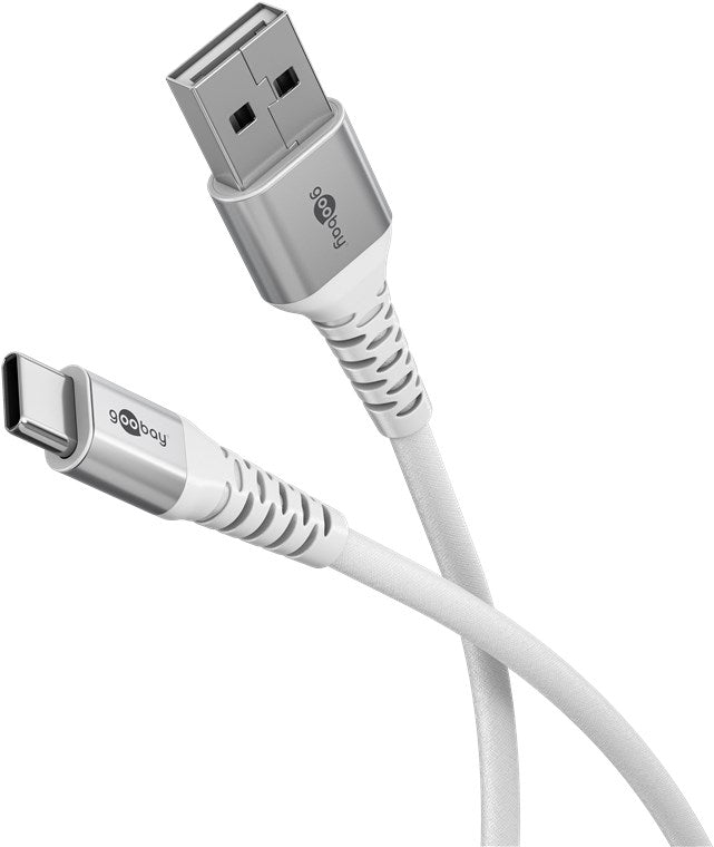 Cavo tessile USB-C a USB-A supermorbido con connettori in metallo 3 m bianco Cavo tessile USB-C a USB-A supermorbido con connettori in metallo 3 m bianco